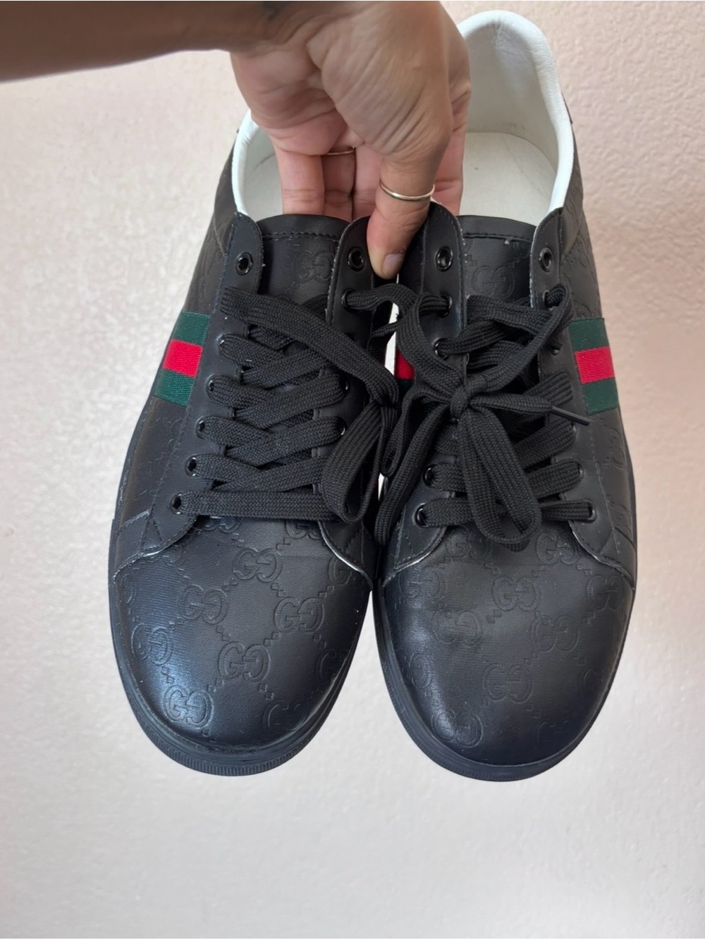 Inspired Black Embossed Leather Low-Top Sneakers with Green & Red Web